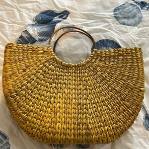Anthropologie Yellow and Brown Woven Tote with Leather Handles